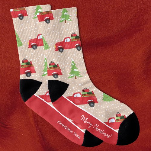 Holiday Tree Vintage Truck Merry Christmas Family Socks