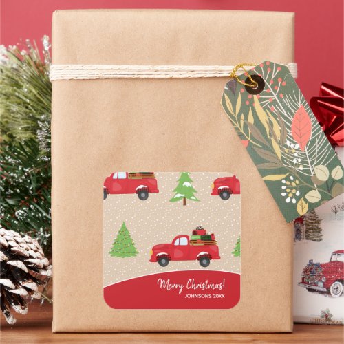 Holiday Tree Vintage Truck Merry Christmas Gift Square Sticker