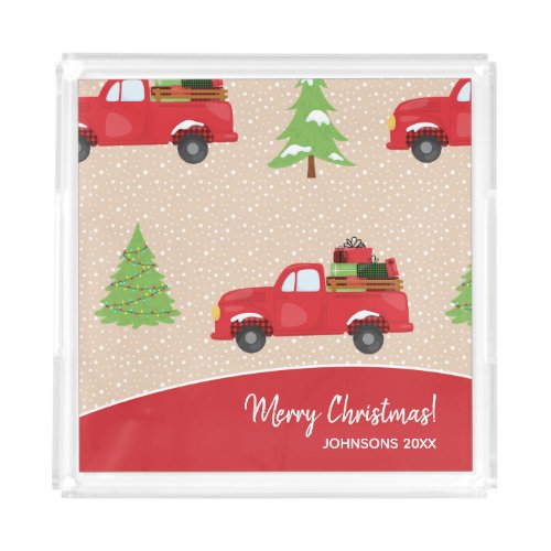 Holiday Tree Vintage Truck Merry Christmas Kitchen Acrylic Tray