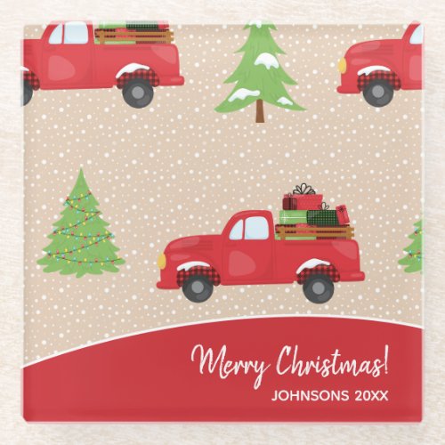 Holiday Tree Vintage Truck Merry Christmas Kitchen Glass Coaster