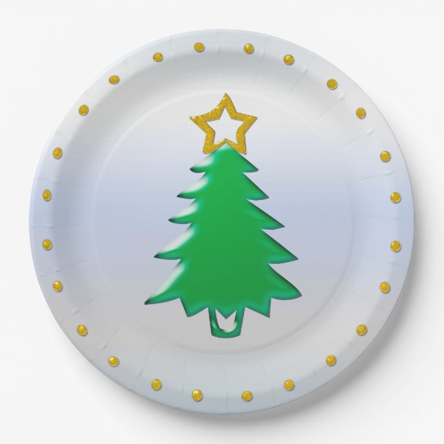 Holiday Tree with Gold Star on Silver Background Paper Plates (Front)
