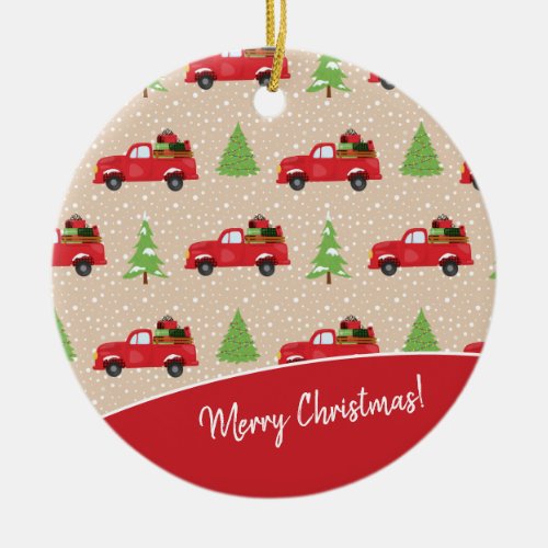 Holiday Tree with Vintage Truck Merry Christmas Ceramic Ornament