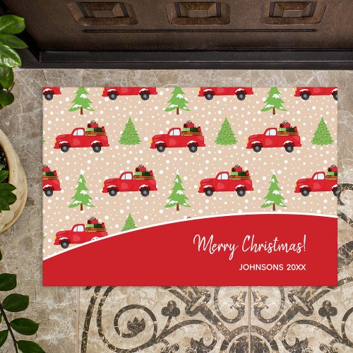 Holiday Tree with Vintage Truck Merry Christmas Doormat