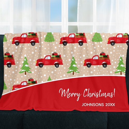 Holiday Tree with Vintage Truck Merry Christmas Fleece Blanket