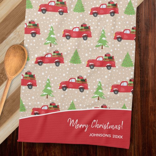 Holiday Tree with Vintage Truck Merry Christmas Kitchen Towel