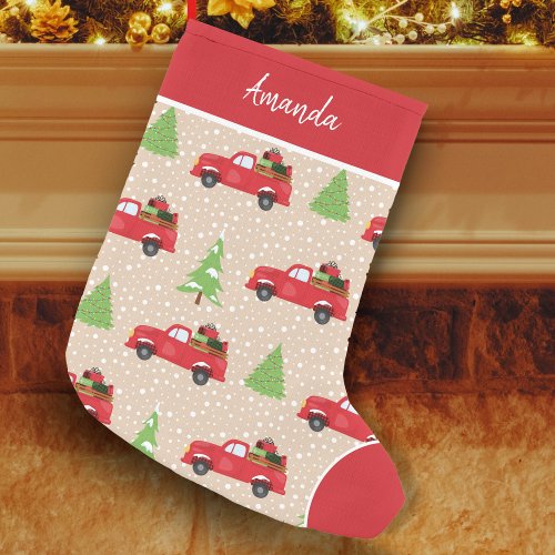 Holiday Tree with Vintage Truck Merry Christmas Small Christmas Stocking
