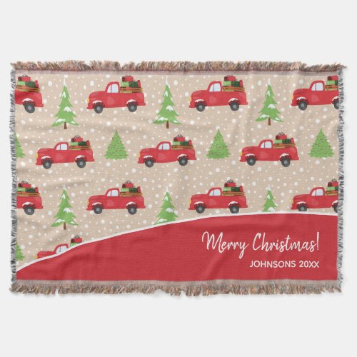 Holiday Tree with Vintage Truck Merry Christmas Throw Blanket