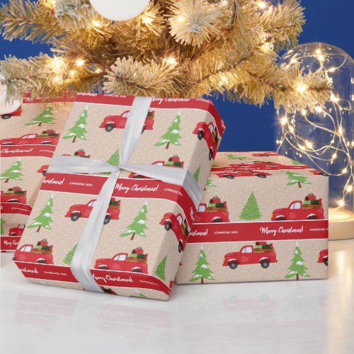 Holiday Tree with Vintage Truck Merry Christmas Wrapping Paper