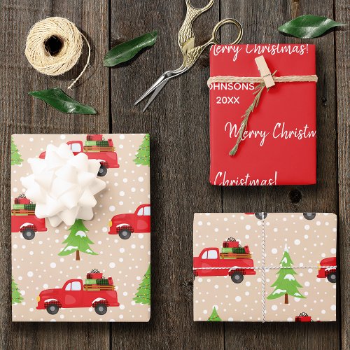 Holiday Tree with Vintage Truck Merry Christmas Wrapping Paper Sheets
