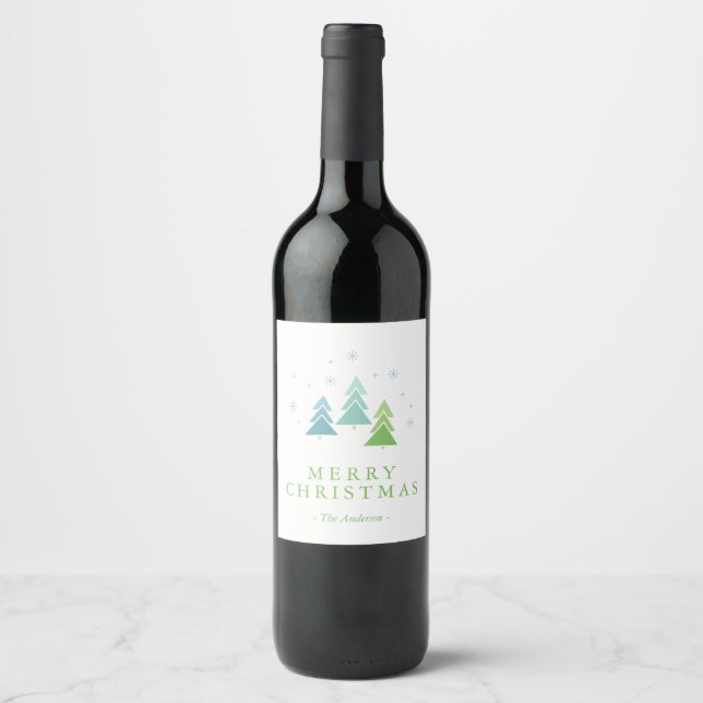 Holiday Trees and Snowflakes Merry Christmas Wine Label (Front)