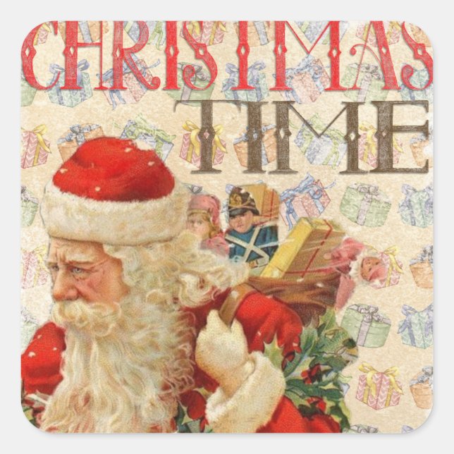 Holiday trendy Christmas Time with Santa Square Sticker (Front)