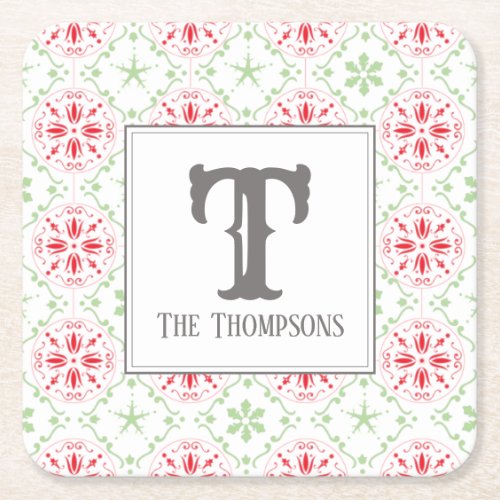 Holiday Trendy Snowflakes Christmas Monogram Square Paper Coaster