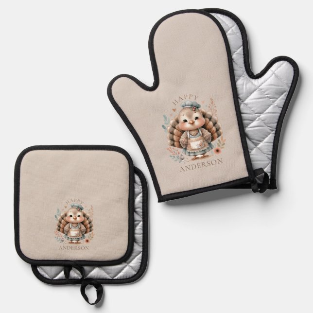 Holiday Turkey Add Custom Text Oven Mitt & Pot Holder Set (Front/Back)