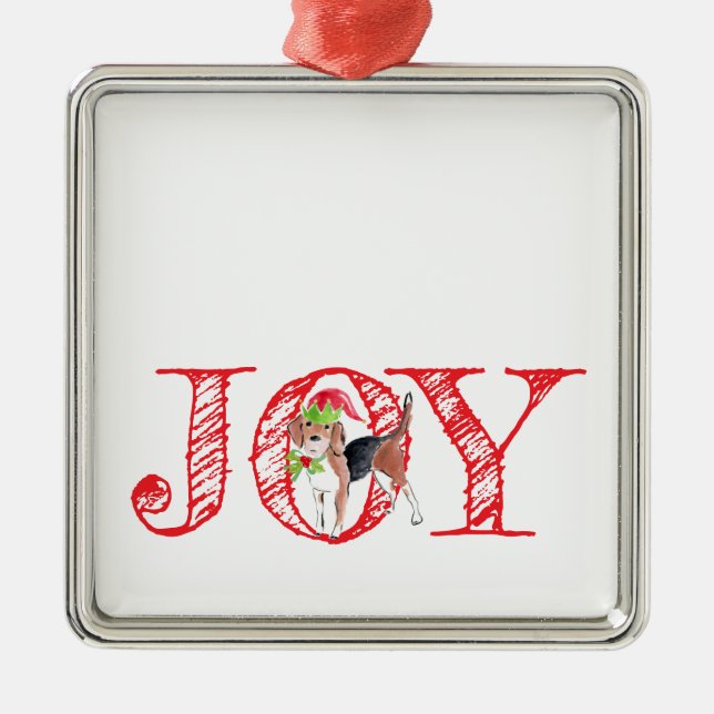 holiday typography JOY christmas dog festive Metal Ornament (Front)