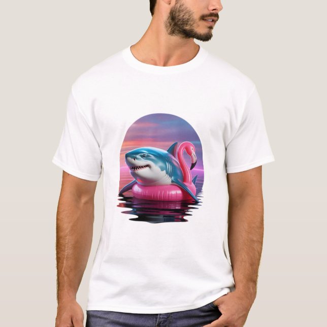 Holiday Vaporwave Shark in Flamingo Pool Float T-Shirt (Front)
