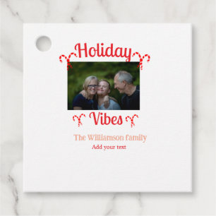 Holiday Vibes red family photo name candy Christma Favor Tags