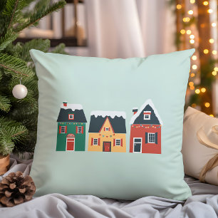 Holiday Village, Cozy Christmas Cottages Throw Pillow