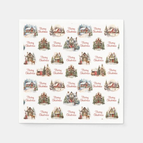 Holiday Village Houses Merry Christmas Pattern Napkins