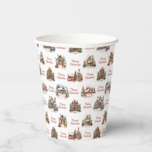 Holiday Village Houses Merry Christmas Pattern Paper Cups
