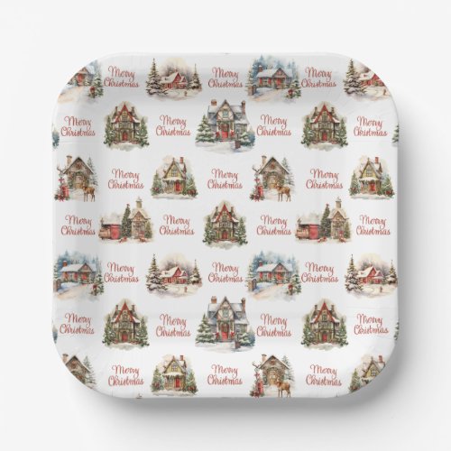 Holiday Village Houses Merry Christmas Pattern Paper Plates