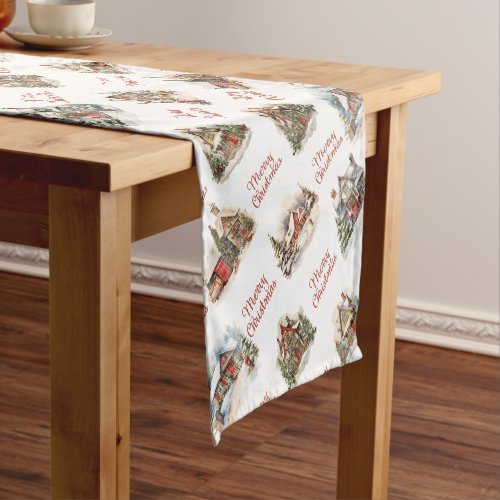 Holiday Village Houses Merry Christmas Pattern Short Table Runner