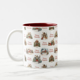 Holiday Village Houses Merry Christmas Pattern Two-Tone Coffee Mug