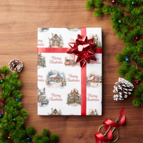 Holiday Village Houses Merry Christmas Pattern Wrapping Paper