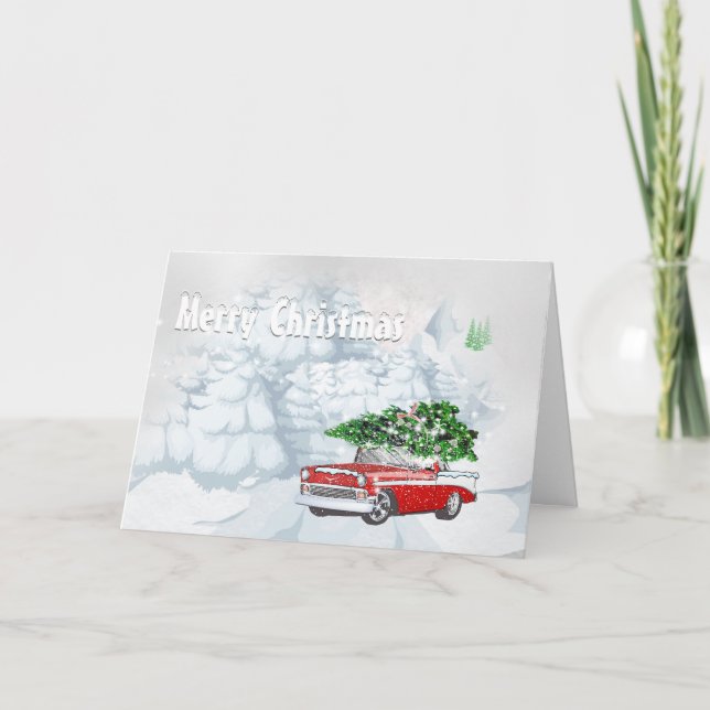 Holiday vintage car with snow Christmas trees cute (Front)