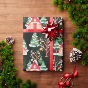 Holiday Vintage Country Houses Trees Christmas Wrapping Paper