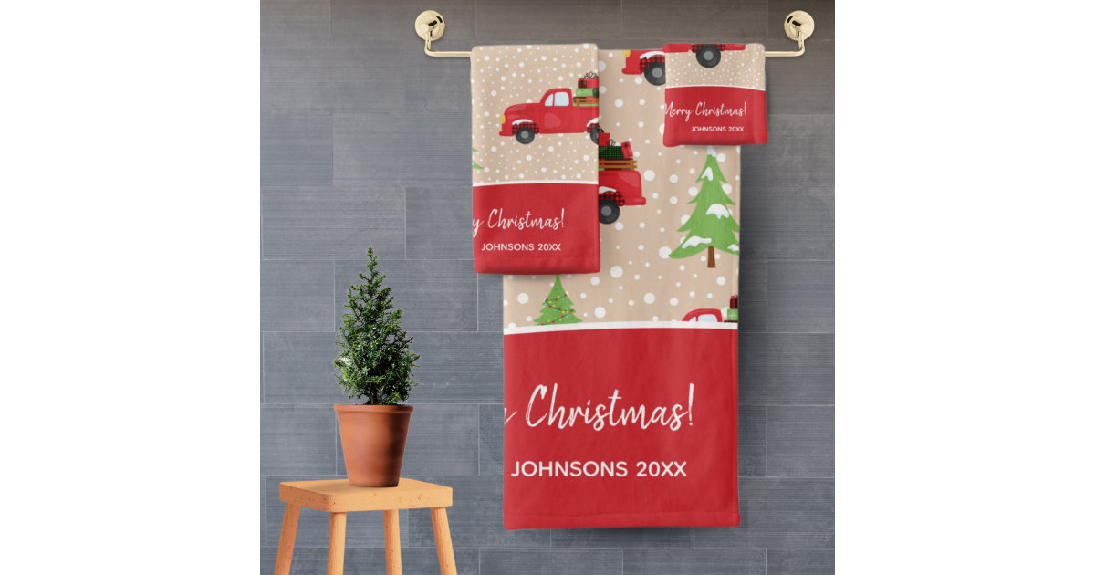 Christmas Red Vintage Truck Buffalo Plaid Add Name Bath Towel Set, Zazzle