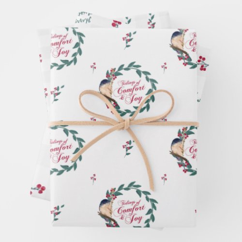 Holiday Watercolor Blue Bird Red Berries  Greens Wrapping Paper Sheets