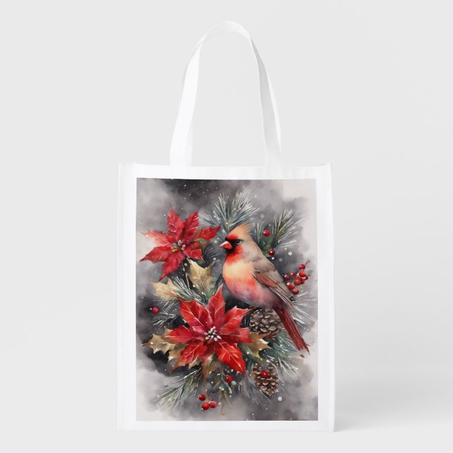 Holiday Watercolor Cardinal Winter Grocery Bag (Front)