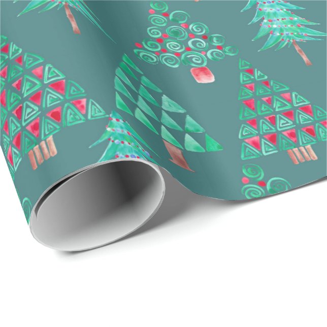 Holiday Watercolor Christmas Tree Gift Wrap Teal (Roll Corner)