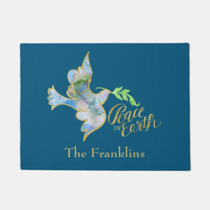 Holiday Watercolor Dove Gold Peace on Earth Doormat