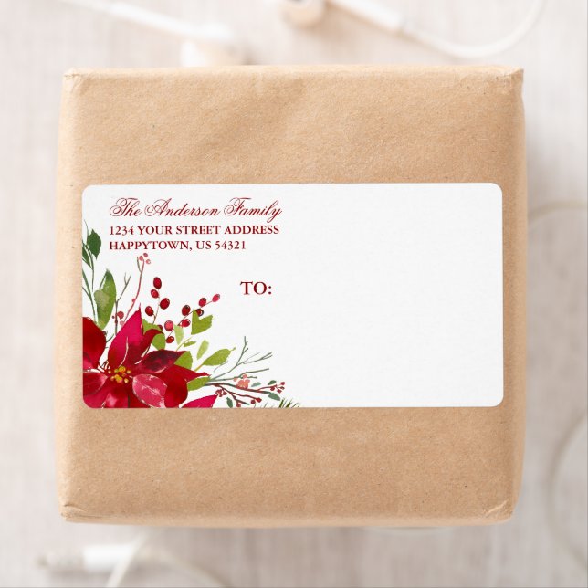 Holiday Watercolor Floral Poinsettia Red Mailing Label (Insitu)