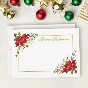 Holiday Watercolor Floral Red Poinsettia Gold Note Card