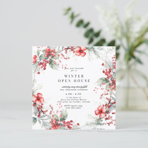 Holiday Watercolor Floral Square Open House Invitation