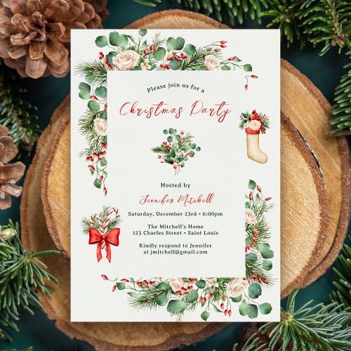 Holiday Watercolor Greenery Holly Christmas Party  Invitation