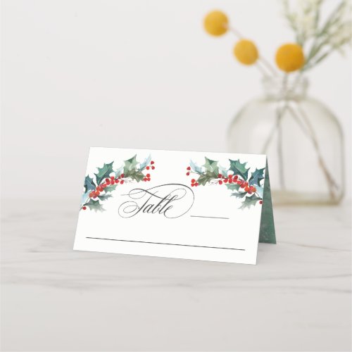 Holiday Watercolor Holly and Elegant Script Text Place Card