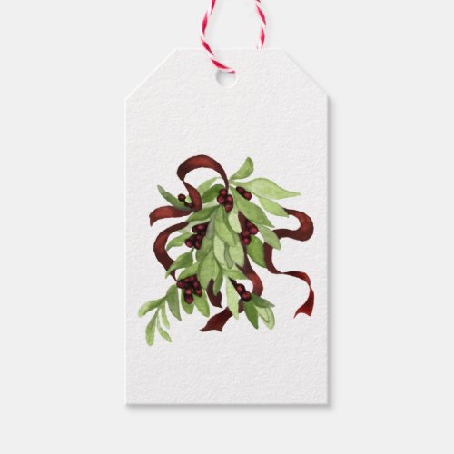 Holiday Watercolor Mistletoe Red Berries Red Bow Gift Tags
