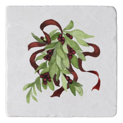 Holiday Watercolor Mistletoe Red Berries Red Bow Trivet