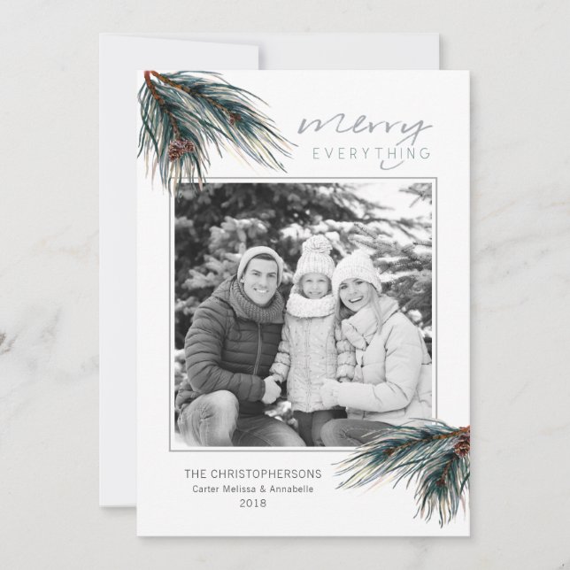 Holiday Watercolor Pine MERRY EVERYTHING Photo Card (Front)