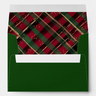 Holiday Watercolor Plaid Red Green Gold Lined Envelope