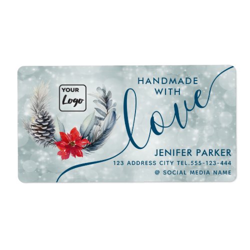 Holiday watercolor poinsettia  handmade with love label