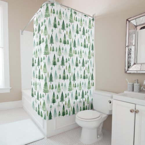 Holiday Watercolor Trees Country Shower Curtain
