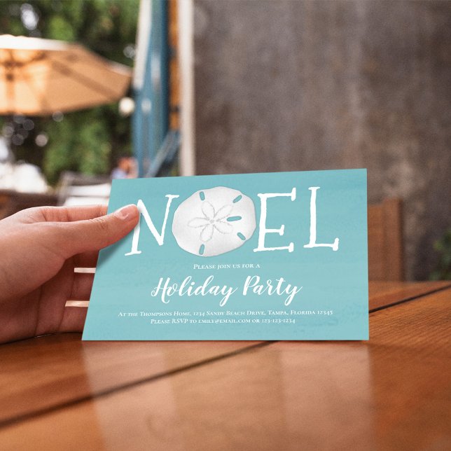 Holiday Watercolor Turquoise Noel Sand Dollar  Invitation (Holiday Noel beach sand dollar theme party invitation with turquoise blue water.)