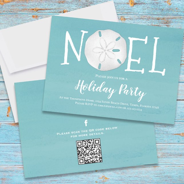 Holiday Watercolor Turquoise Sand Dollar QR Code  Invitation (Holiday Noel beach sand dollar theme party invitation with turquoise blue water.)