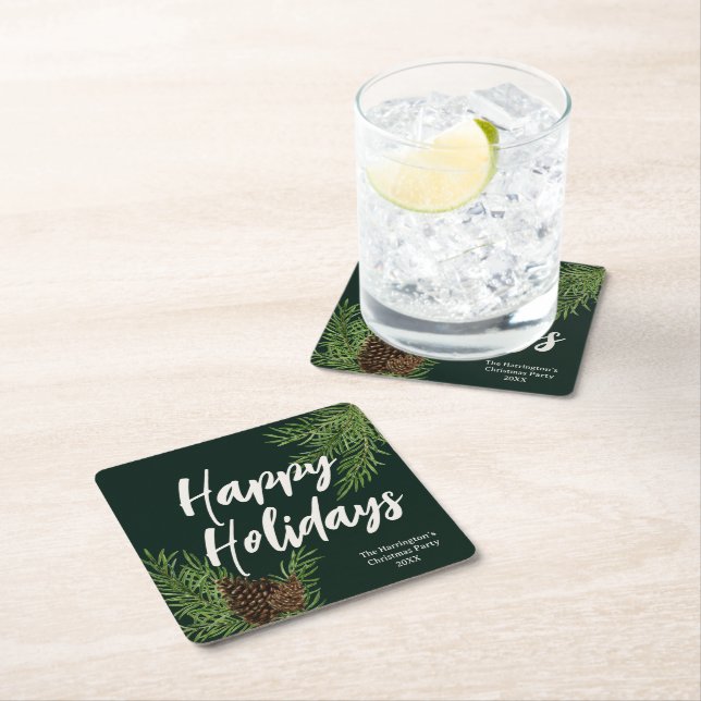 Holiday Watercolor Winter Pine Greenery Green Square Paper Coaster (Insitu)