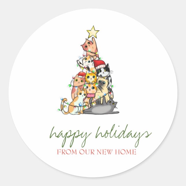 Holiday We Have Moved,Adorable Cats Pine Tree Classic Round Sticker (Front)