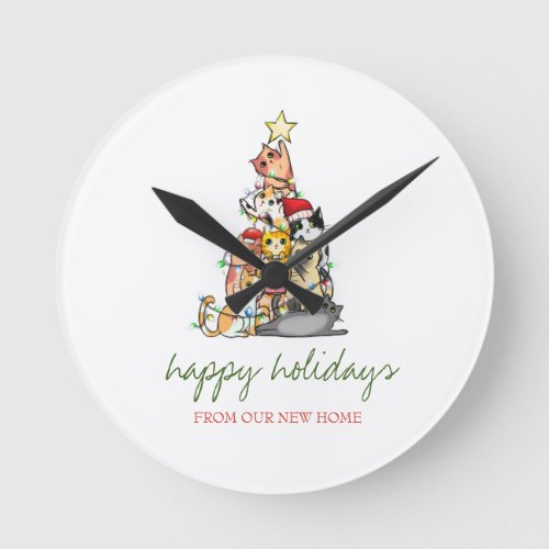 Holiday We Have MovedAdorable Cats Pine Tree  Round Clock